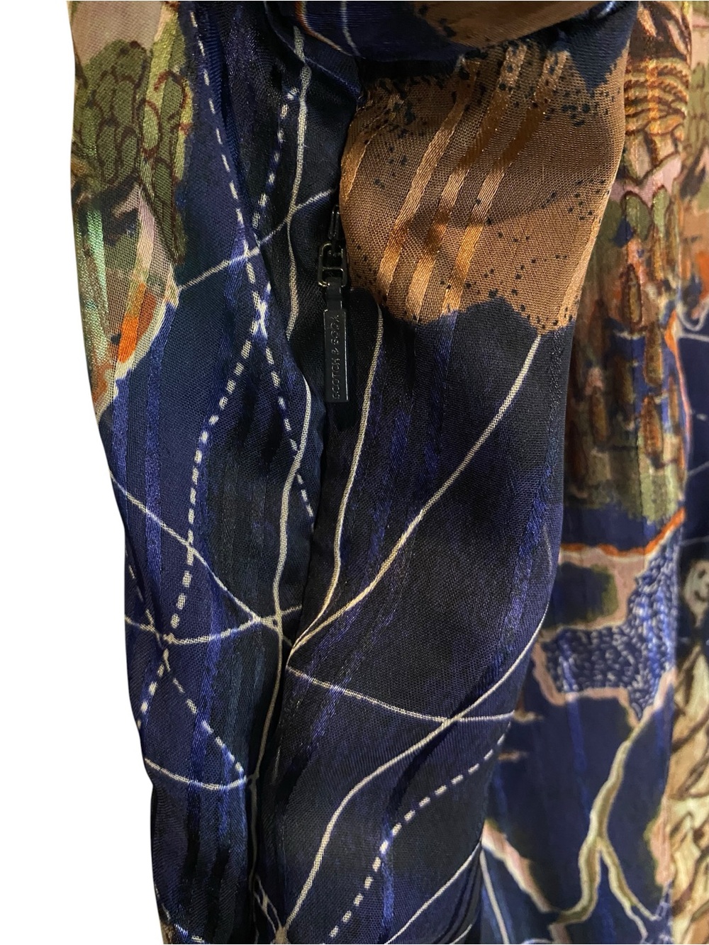 Scotch & Soda Size XL Navy Blue Map Print Pleated Midi Dress Long Sleeve EUC - Picture 7 of 13